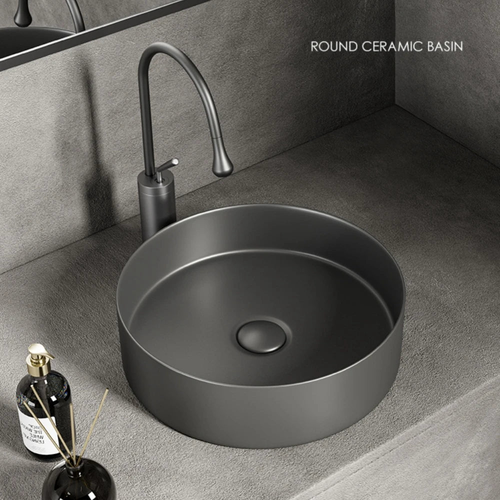 Modern ceramic bathroom sink: white/dark gray, matte finish, diameter 36cm/14in, suitable for bathroom vanity (excluding faucet)
