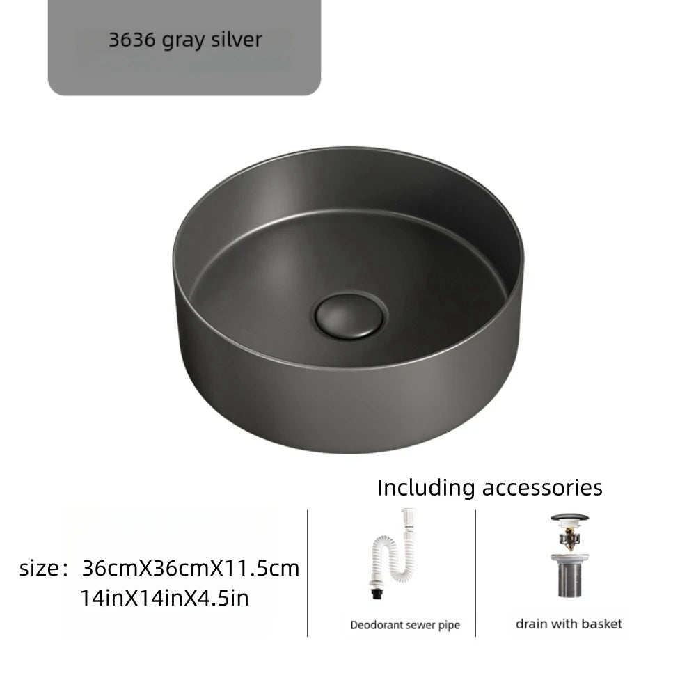 Modern ceramic bathroom sink: white/dark gray, matte finish, diameter 36cm/14in, suitable for bathroom vanity (excluding faucet)