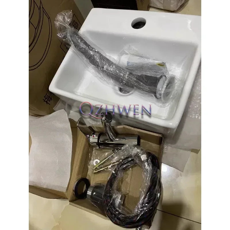 32/33/37cm Small Apartment Bathroom Sink Wall-mounted Ceramic Washbasin Balcony Washroom Corner Hanging Basin with Faucet Set