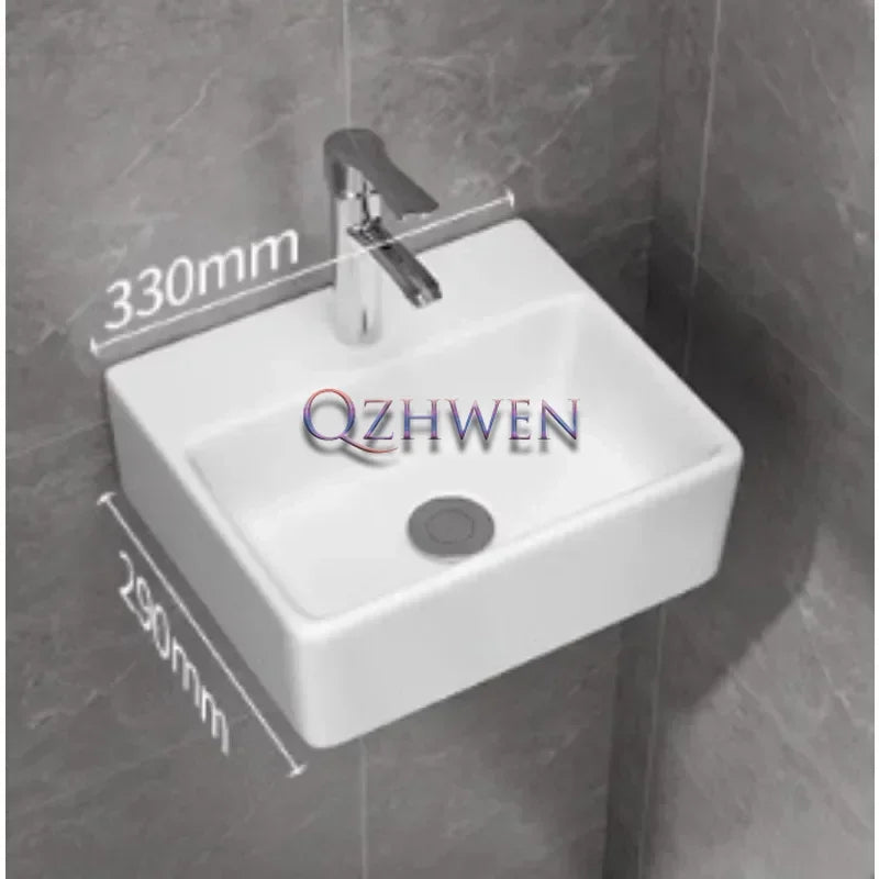 32/33/37cm Small Apartment Bathroom Sink Wall-mounted Ceramic Washbasin Balcony Washroom Corner Hanging Basin with Faucet Set