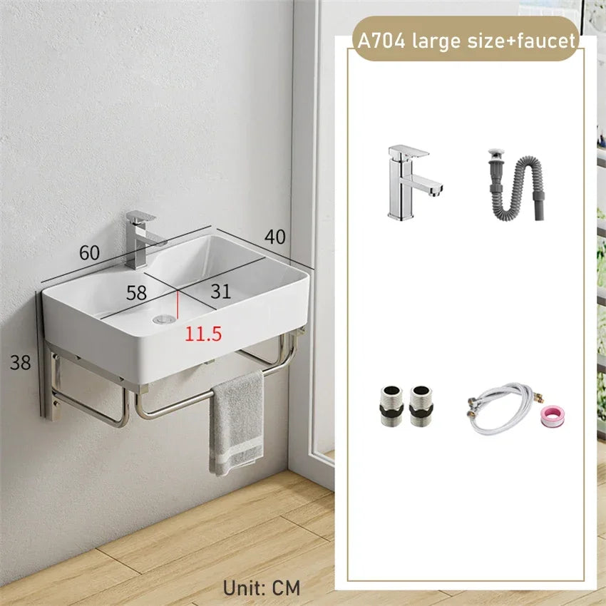 Household Balcony Wash Basin Simple Assembly Washbasin Small Unit Bathroom Ceramic Washbasin Sink With Stainless Steel Bracket