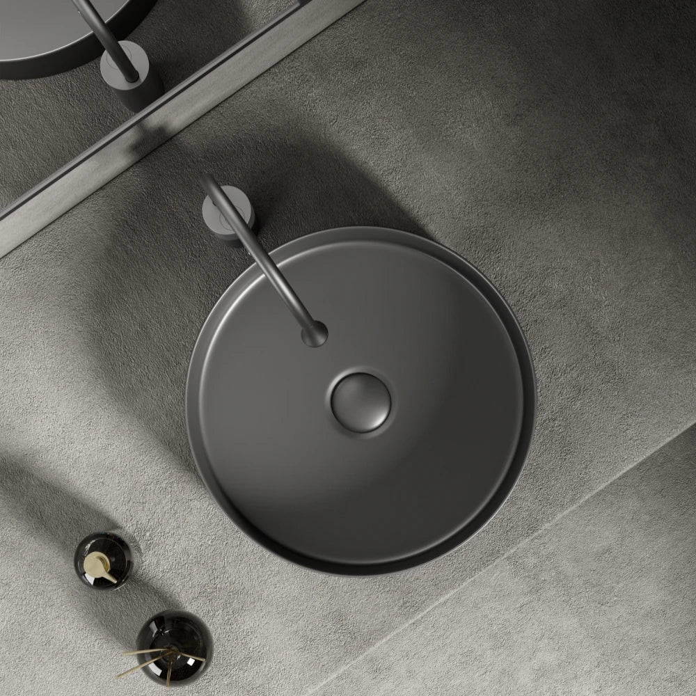 Modern ceramic bathroom sink: white/dark gray, matte finish, diameter 36cm/14in, suitable for bathroom vanity (excluding faucet)