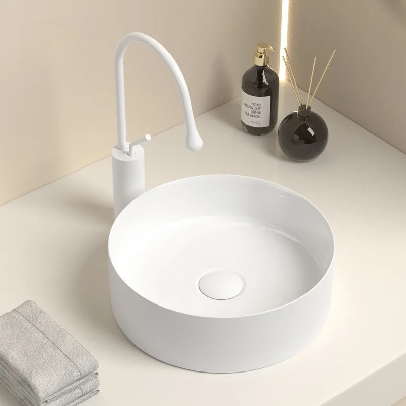 Modern ceramic bathroom sink: white/dark gray, matte finish, diameter 36cm/14in, suitable for bathroom vanity (excluding faucet)