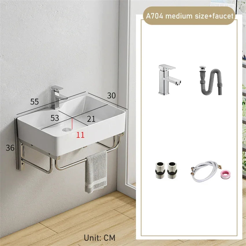Household Balcony Wash Basin Simple Assembly Washbasin Small Unit Bathroom Ceramic Washbasin Sink With Stainless Steel Bracket
