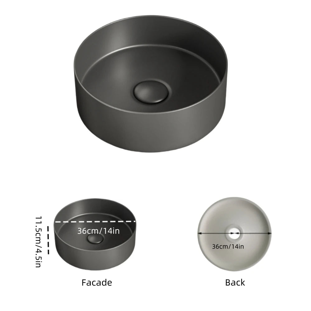 Modern ceramic bathroom sink: white/dark gray, matte finish, diameter 36cm/14in, suitable for bathroom vanity (excluding faucet)